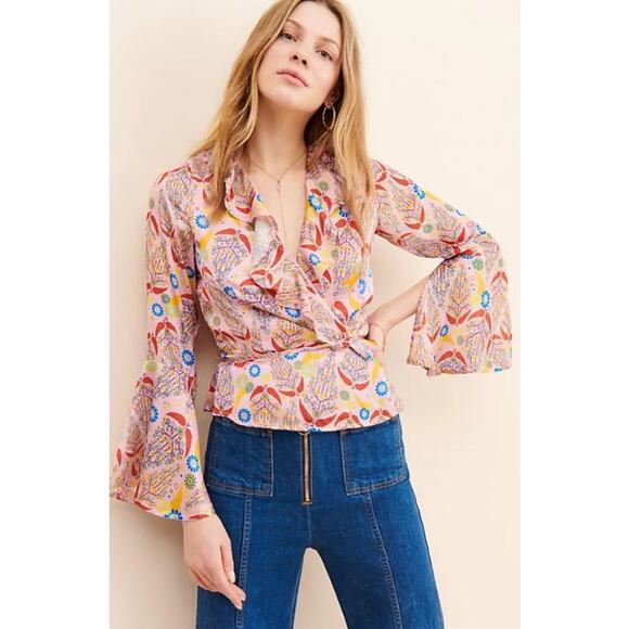 Glamorous for Anthropologie Floral Candy Pink Wrap Blouse Size M - Picture 1 of 3